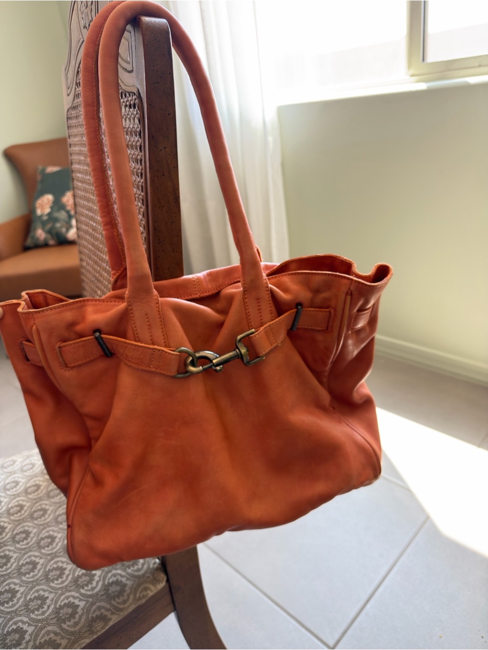 FREE PEOPLE Orange Leather Tote Handbag GUC - Picture 2 of 8